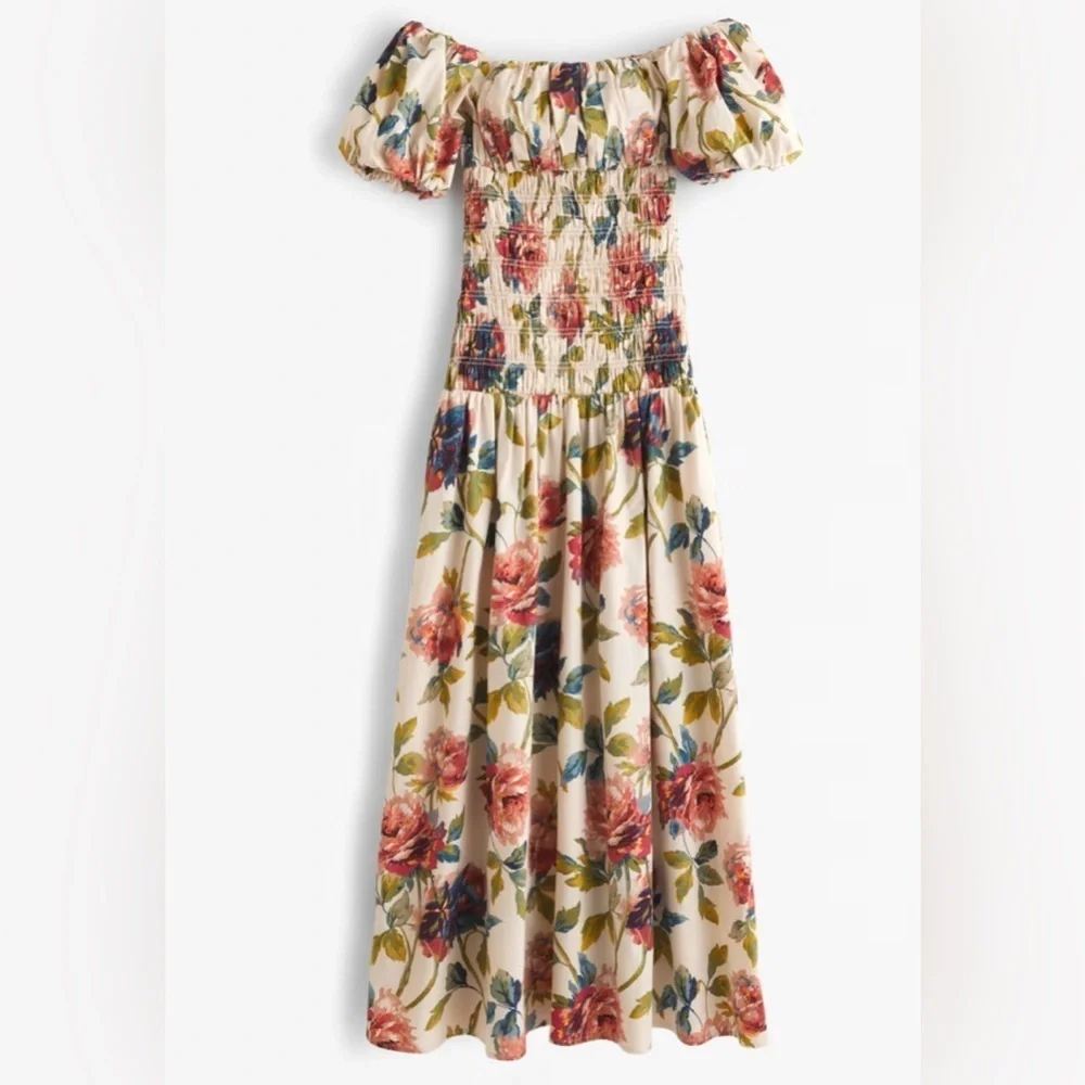 Abercrombie & Fitch Smocked Drop Waist Off Shoulder Floral Maxi Sundress NWT